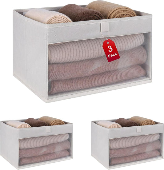 WUIKE Closet Storage Bins, Fabric Organizer Baskets with Clear Window and Handles, Foldable Storage for Shelves, Beige, Large, 3-Pack