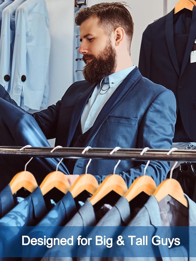HOUSE DAY 19'' Extra Wide Shoulder Wooden Hangers 6 Pack, Premium Large Wood Suit Hangers With Non Slip Pant Holder, Wide Shoulder Hangers for Suits, Coats, Jackets, Heavy Wide Clothes Hanger, Natural