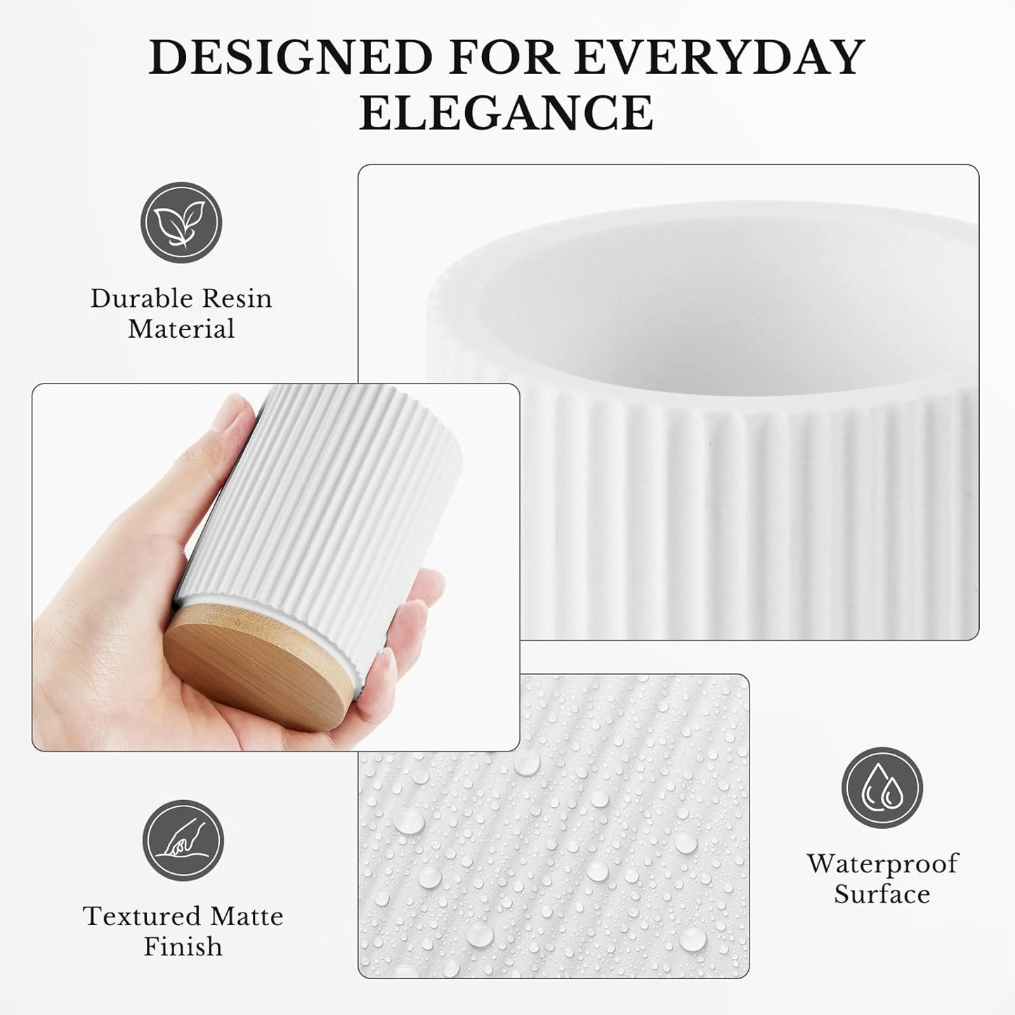 Bathroom Accessories Set, 7PCS Resin Bathroom Set with Bamboo Base, with Soap Dispenser, Q-tip Holder, Toothbrush Holder, Tumbler, Soap Dish, Vanity Tray, Complete Bathroom Set for Modern Decor,White