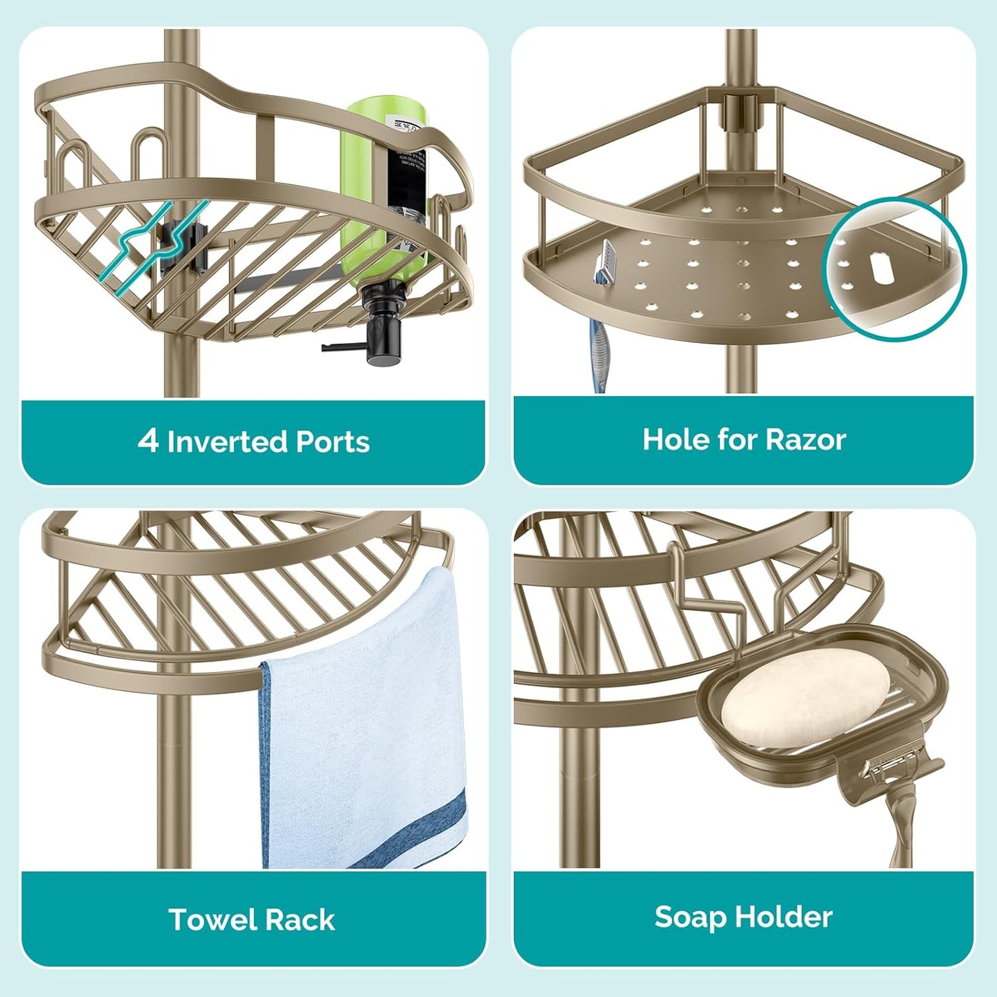 HAMITOR Corner Shower Caddy Tension Pole: Rustproof 4-Tier Bathroom Organizer Shelves for Bathtub Shampoo Storage - 47-121 Inch Quick Install Adjustable Rod Standing Rack with Soap Rack - Matte Gold