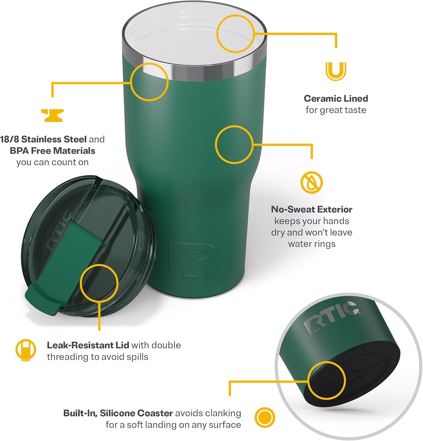 RTIC 30oz Essential Tumbler with Lid, Ceramic Lined, Insulated, Stainless Steel, Metal, Double Wall Vacuum-Insulation, Travel Cup for Iced Coffee, Tea, Hot and Cold Drink, Pine Tree