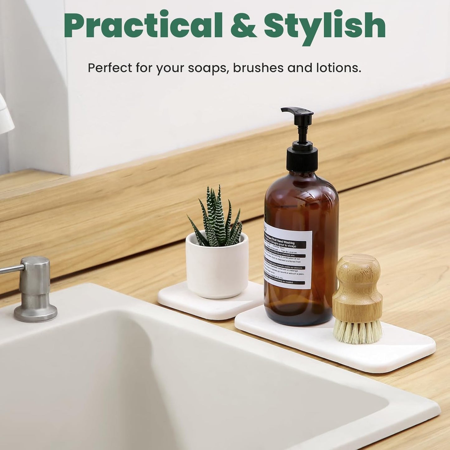 3PCS Water Absorbing Diatomaceous Earth Tray for Sink, Fast Drying Soap & Toothbrush Holders for Bathroom Counter, 1 Stone Tray, 2 Stone Coasters