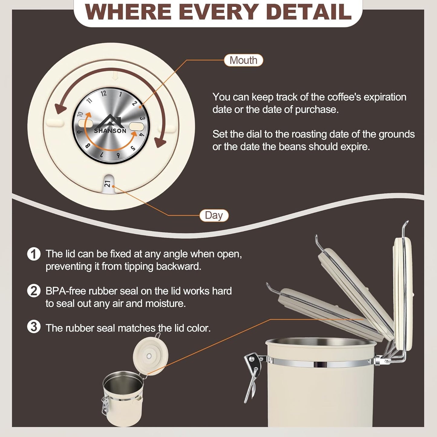 ShanSon Coffee Canister Airtight Coffee Container Stainless Steel Coffee Bean Storage Container with Scoop Coffee Canister for Beans Grounds Sugar Flour Tea Cereal,16OZ,Beige