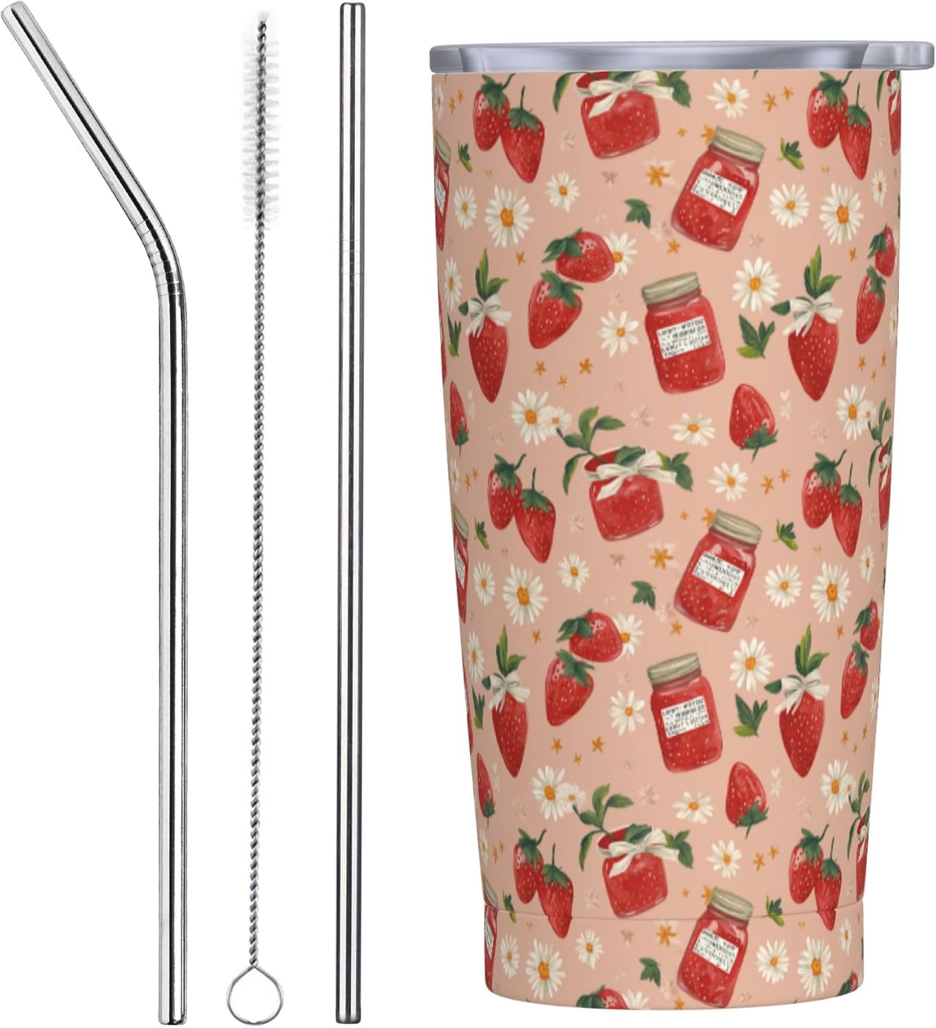 Strawberry Tumbler with Lid and Straw 20oz Insulated Reusable Stainless Steel Travel Mug Double Wall Vacuum Coffee Cup for Hot Cold Drinks Leak-Proof Portable Cups for Women Men Gifts