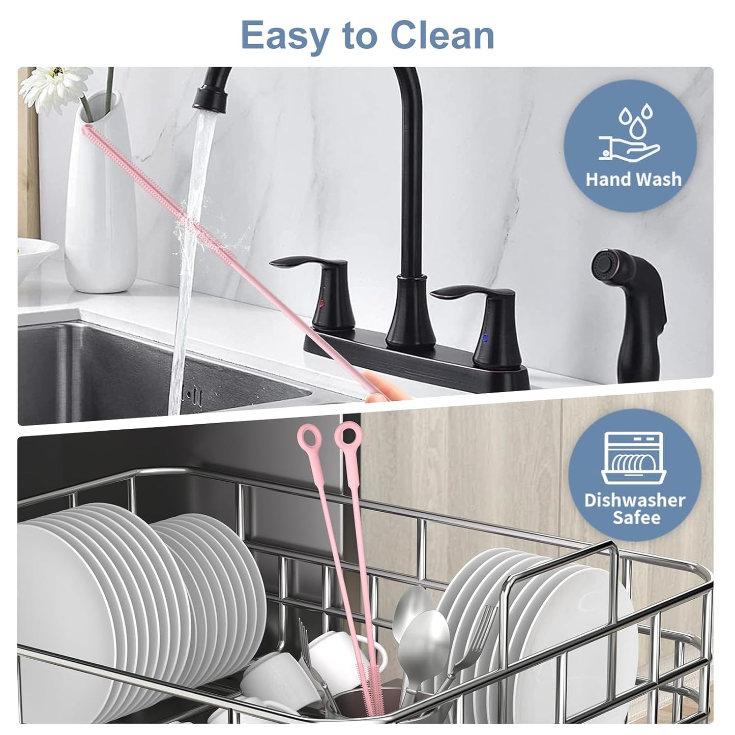 Reusable Silicone Straw Cleaner Brush Set, 2-Pack Extra Long Straw Cleaning Brush for Metal Glass Water Bottle Drinking Straws, Flexible&Bendable Design, Dishwasher Safe, 6mm & 8mm Diameter