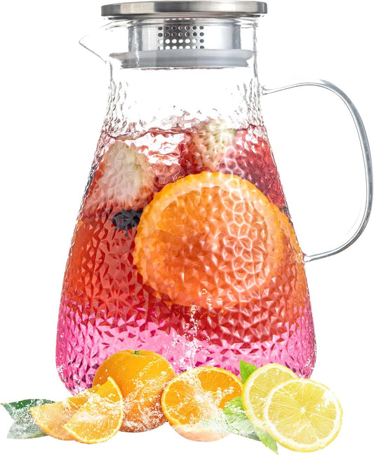 1.8 Liter 60 oz Glass Pitcher with Lid and Spout, Glass Carafe for Hot/Cold Water, Large Iced Tea Pitcher for Coffee, Milk,Juice and Homemade Beverage,Iced Coffee, and Container for Drinks