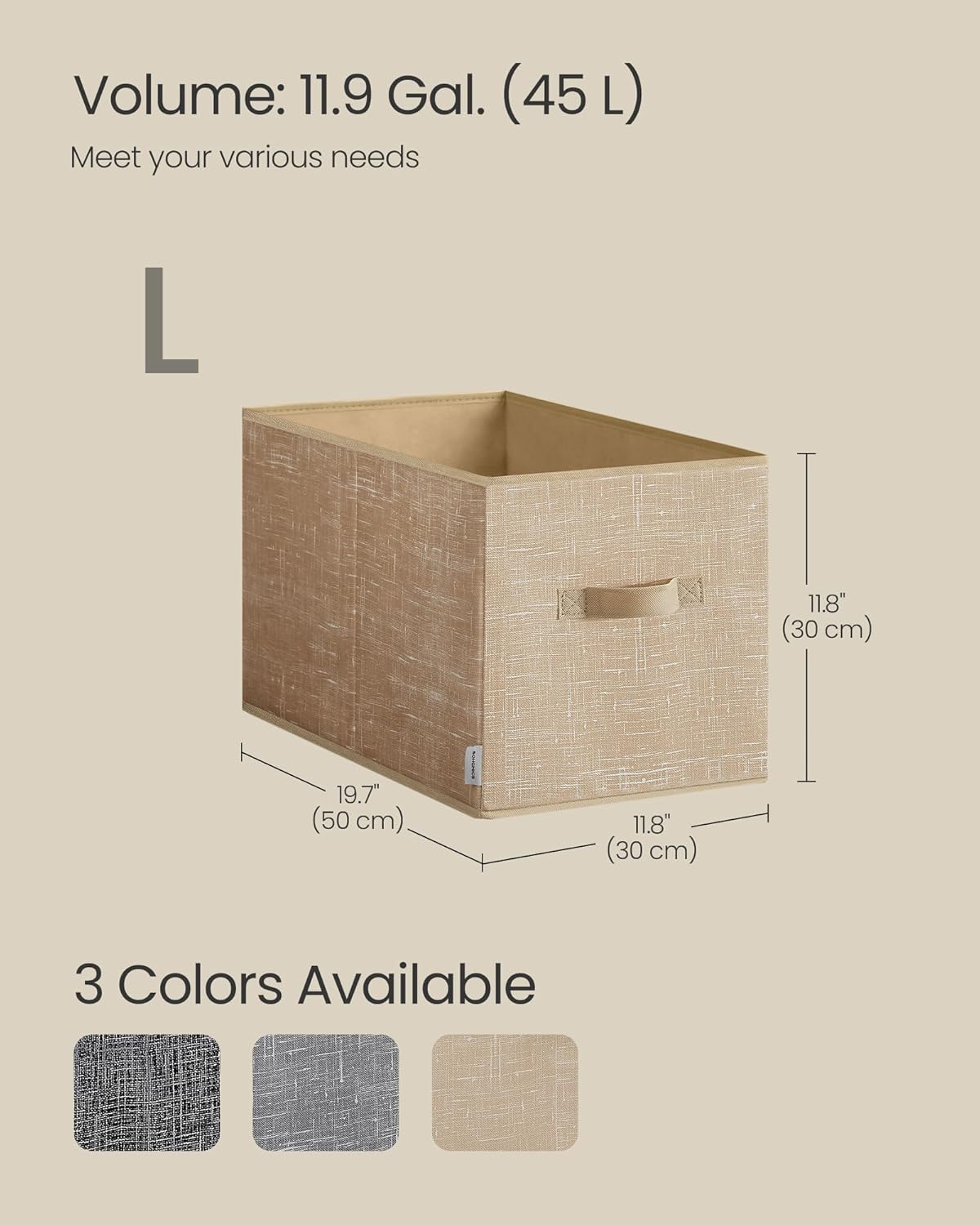 SONGMICS Storage Cubes, 19.7 x 11.8 x 11.8 Inches Non-Woven Fabric Bins with Double Handles, Set of 3, Closet Organizers for Shelves, Foldable, for Clothes, Sand Beige UROB450K01