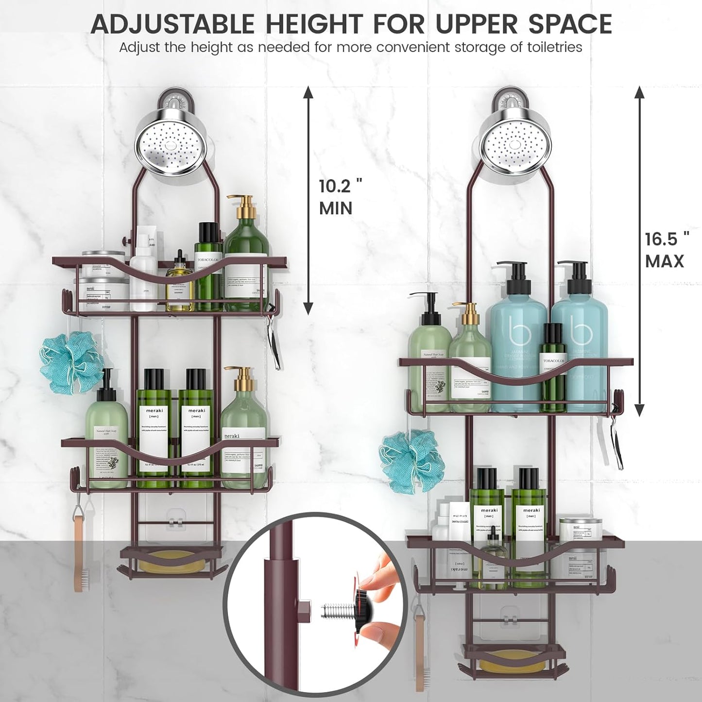 REINHARDT Shower Caddy Hanging Adjustable, Extended Length Rustproof Showers Caddy Over Showerhead with Hooks Soap Holder, Large Capacity Shower Organizer Anti-Swing Bathroom Organizer, Bronze