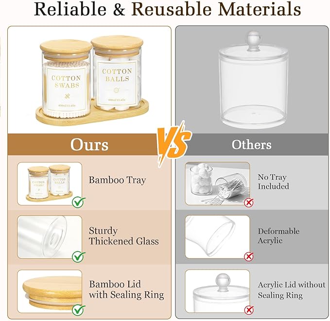 Luxspire Glass Qtip Holder with Vanity Tray, 2 Pack Cotton Swab Holder with Bamboo Lid, 13.4 oz Glass Apothecary Jars Bathroom Accessories Canisters for Cotton Swabs, Balls, Pads, Floss Picks