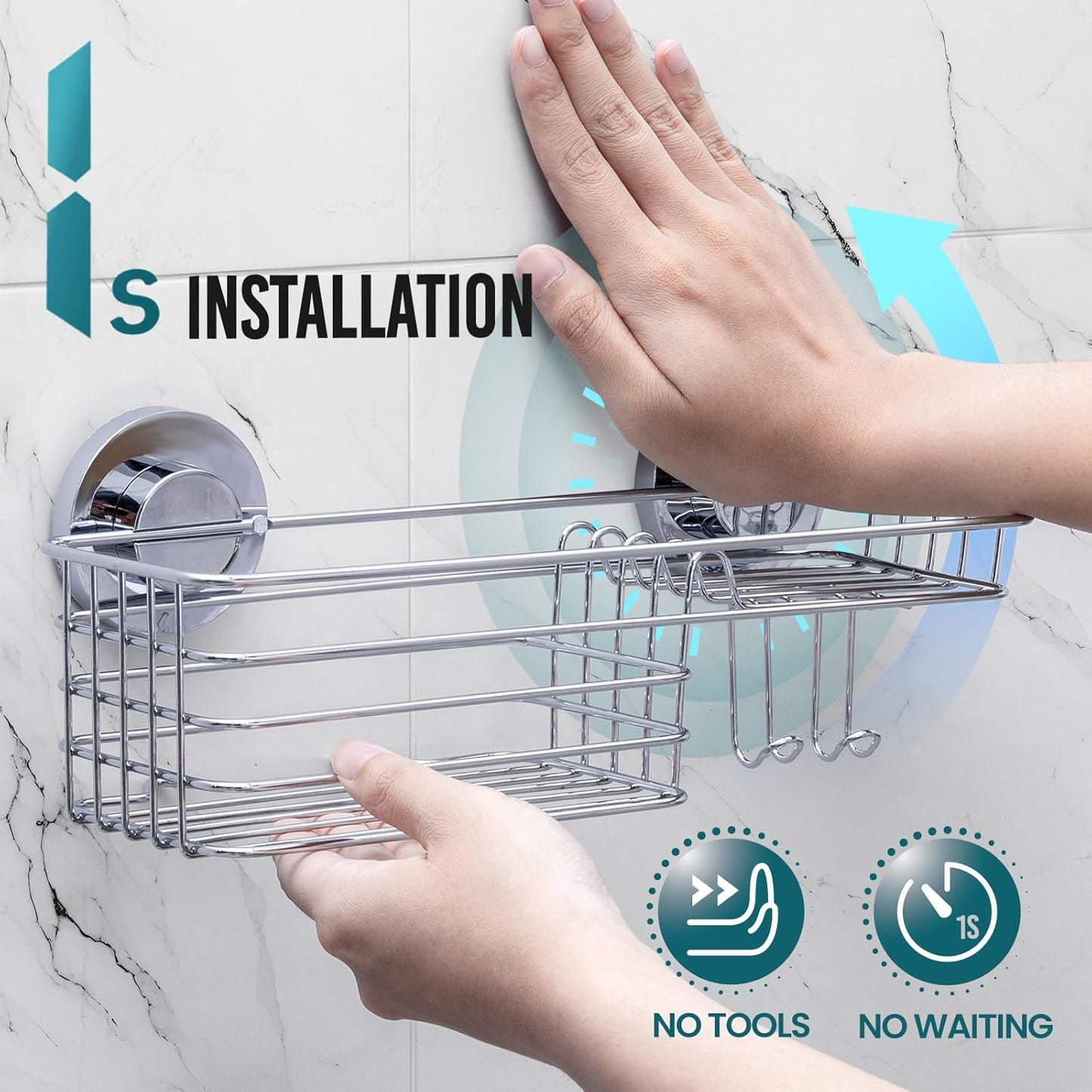 TAILI Shower Caddy Suction Cup with Hooks & Soap Holder, Heavy Duty Bathroom Shower Organizers, Removable Shower Shelves for Inside Bathroom,Stainless Steel Silver Basket