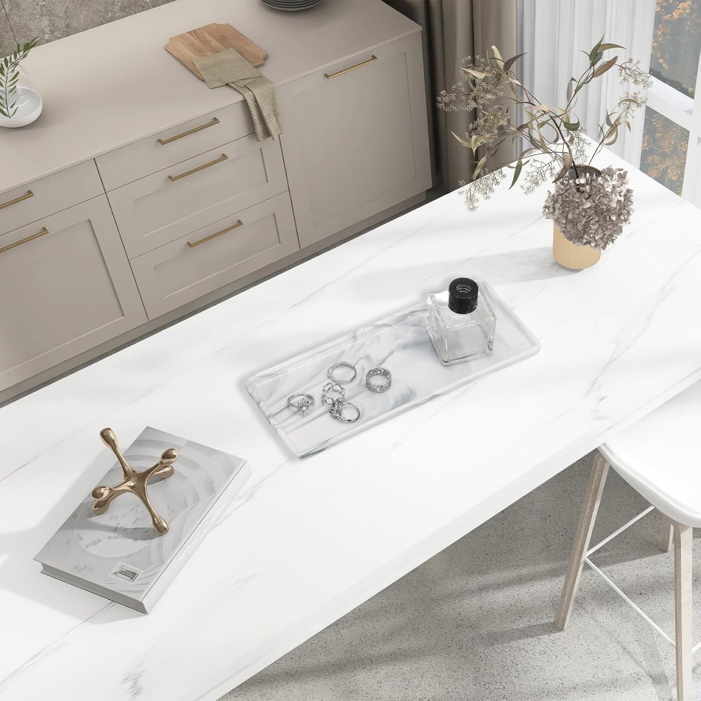 uxcell Marble Tray for Bathroom 9" Small Rectangle Ceramic Vanity Tray for Countertop Shatterproof Bathtub Soap Tray Kitchen Sink Organizer Key Trinket Ring Tray, Grey