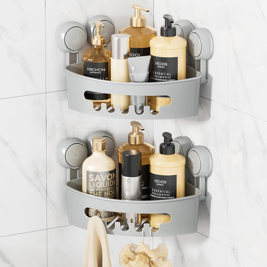 LEVERLOC Corner Shower Caddy Suction Cup, shower shelves suction cup, 2 Pack Basket Powerful Bathroom, Waterproof & Oil-proof Organizer for Kitchen, No-Drilling Removable (Grey)
