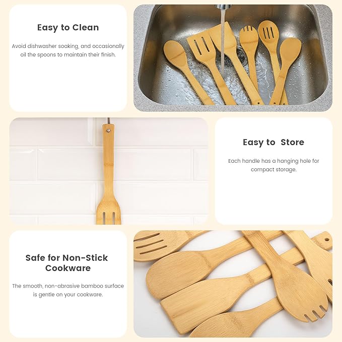 HAKSEN Bamboo Wooden Spoons for Cooking 6-Piece, Nonstick Bamboo Kitchen Utensils Set Wood Spatulas Spoons for Daily Use, Housewarming Gifts