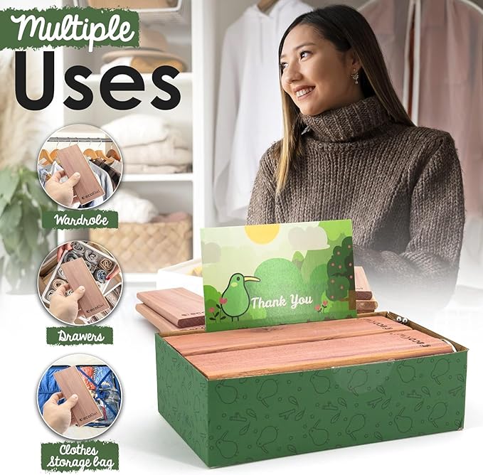 ecoKiwi Cedar Blocks for Clothes Storage - 10 Pack Hang Ups - 100% Natural Aromatic Cedar Planks for Closets and Drawers - Cedar Wood Hangers Balls Chips with Sandpaper - Cedarwood Scented Freshener