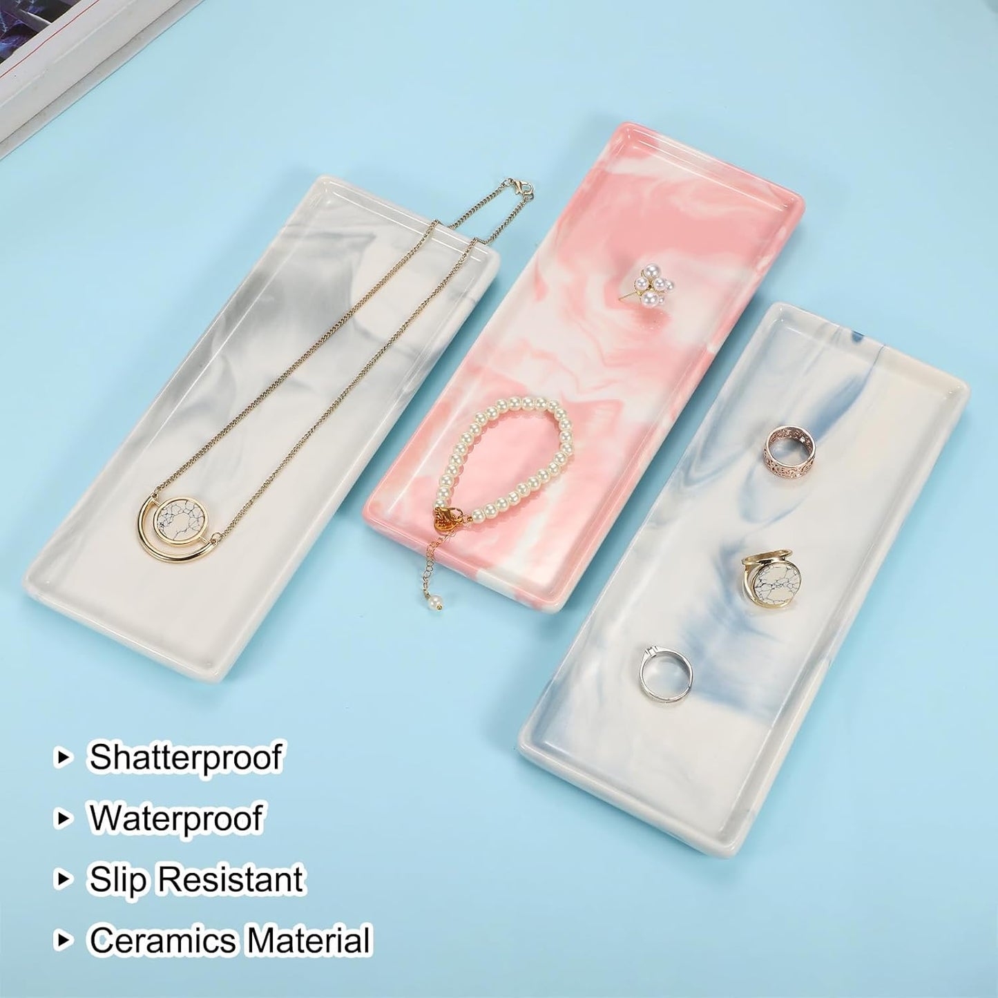 uxcell Marble Tray for Bathroom 9" Small Rectangle Ceramic Vanity Tray for Countertop Shatterproof Bathtub Soap Tray Kitchen Sink Organizer Key Trinket Ring Tray, Pink