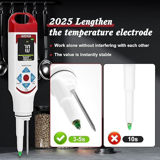 Digital pH Meter Food Pocket pH Pen for Fermentation with pH Calibration Kits Color Display Spear Tip pH Food Tester Probe with ATC for Cosmetics Sourdough Professional pH Test Strips for Food Acidity