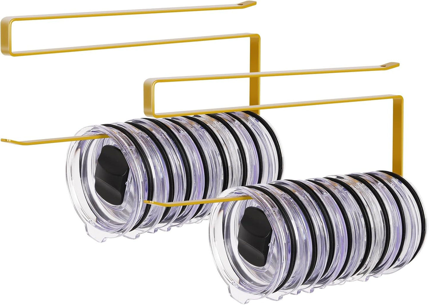 2 Pack Tumbler Lid Organizer, Horizontal Tumbler Lid Storage Hook to Hold Up 20 Lids, Space Saving Cup Lid Holders Under Cabinet Tumbler Lid Hook for Kitchen Organizer, Paper Towel Rack Hanger (Gold)
