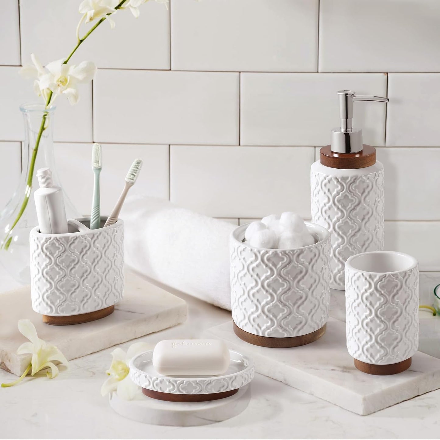 Bathroom Accessories Set 5 Pieces Toothbrush Holder Soap Dispenser Ceramic Bathroom Accessory Set Contain Cotton Swab Jar Toothbrush Cup Soap Dish Tumbler