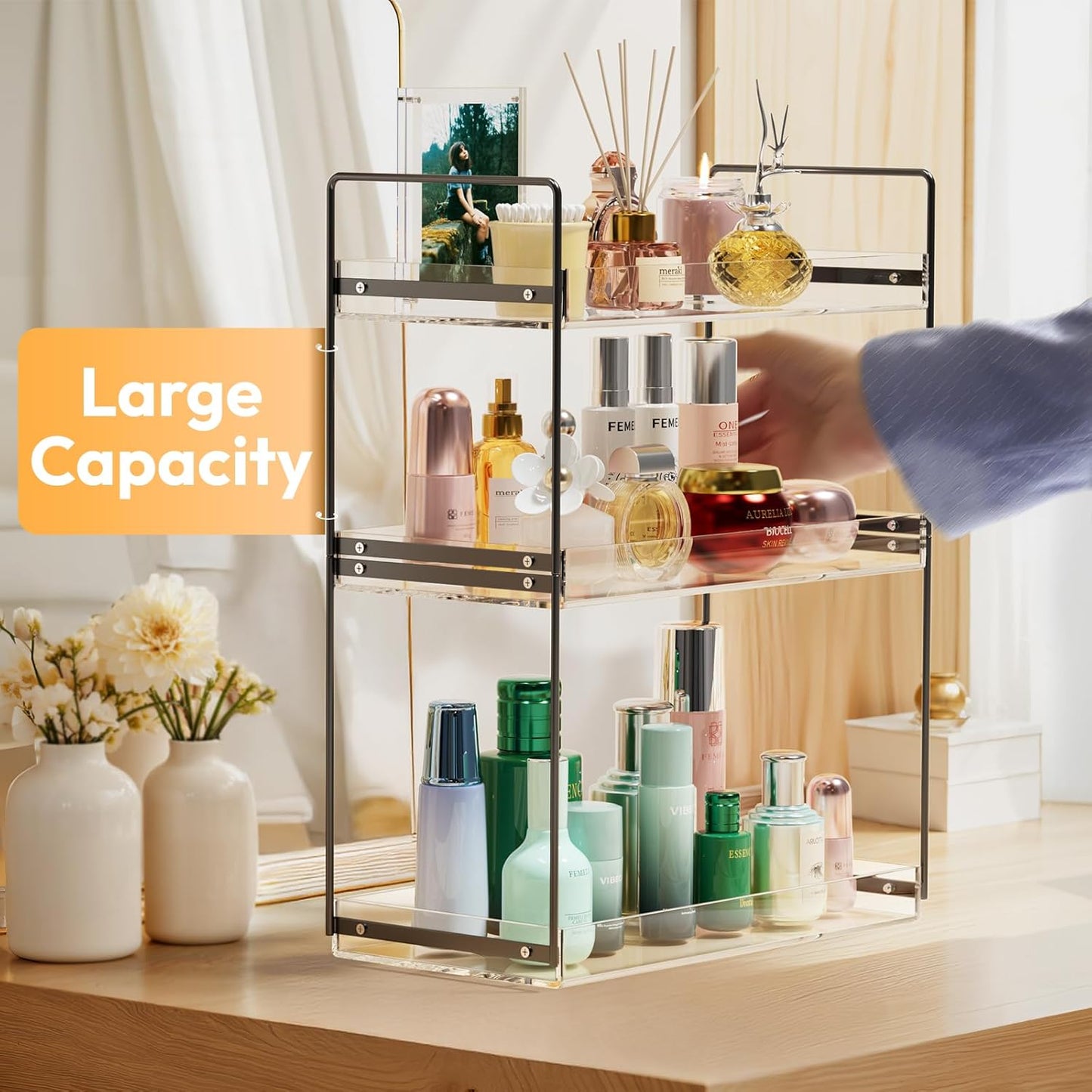 Bathroom Countertop Organizer, 3 Tier Metal Vanity Counter Skincare Shelf, Matte Black Under Sink with Acrylic Tray, Home Storage Holder for Makeup Cosmetics Perfume Spice,Black+Clear