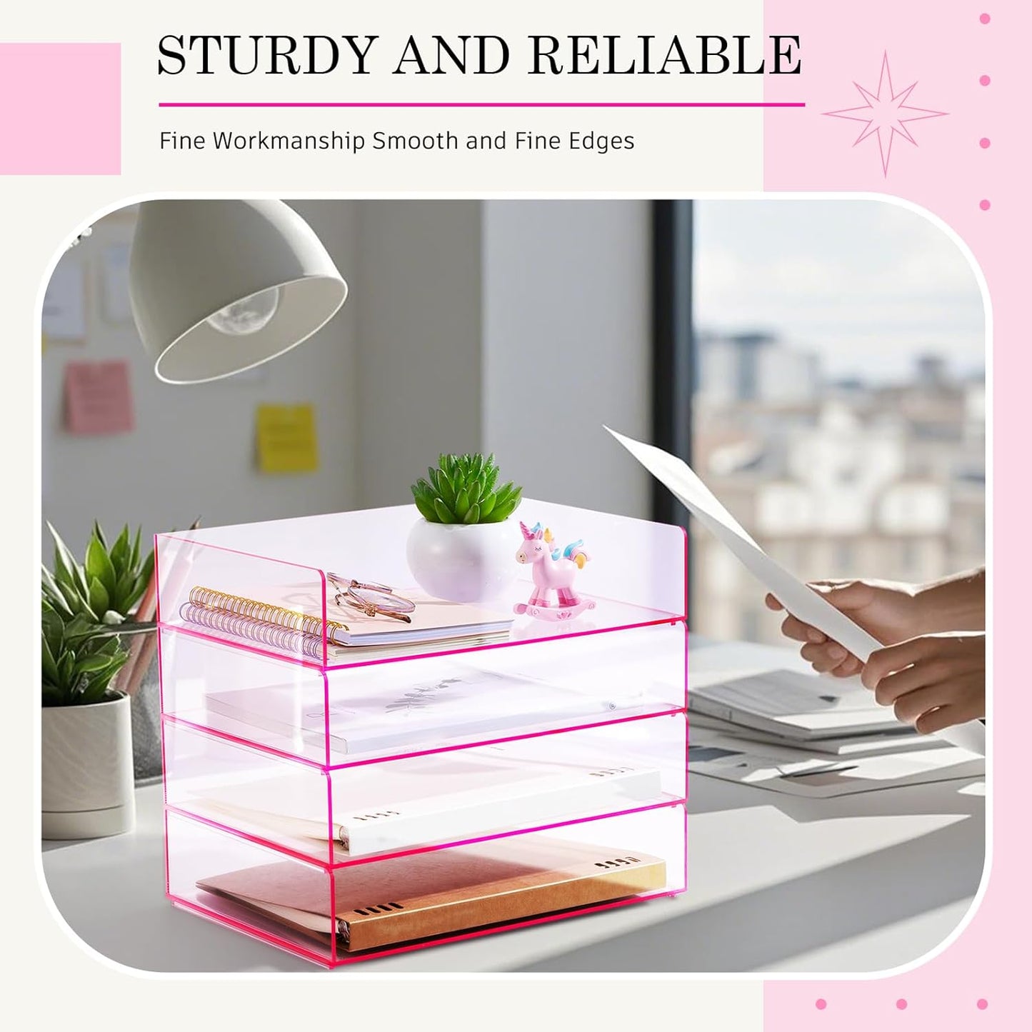 Harloon 4 Tier Acrylic Paper Tray Paper Organizer for Desk Clear File Organizer 12. 4 x 8. 7 x 2. 7 Inches File Tray for Office Workspace Desktop Storage, No Need to Assemble (Transparent Pink)
