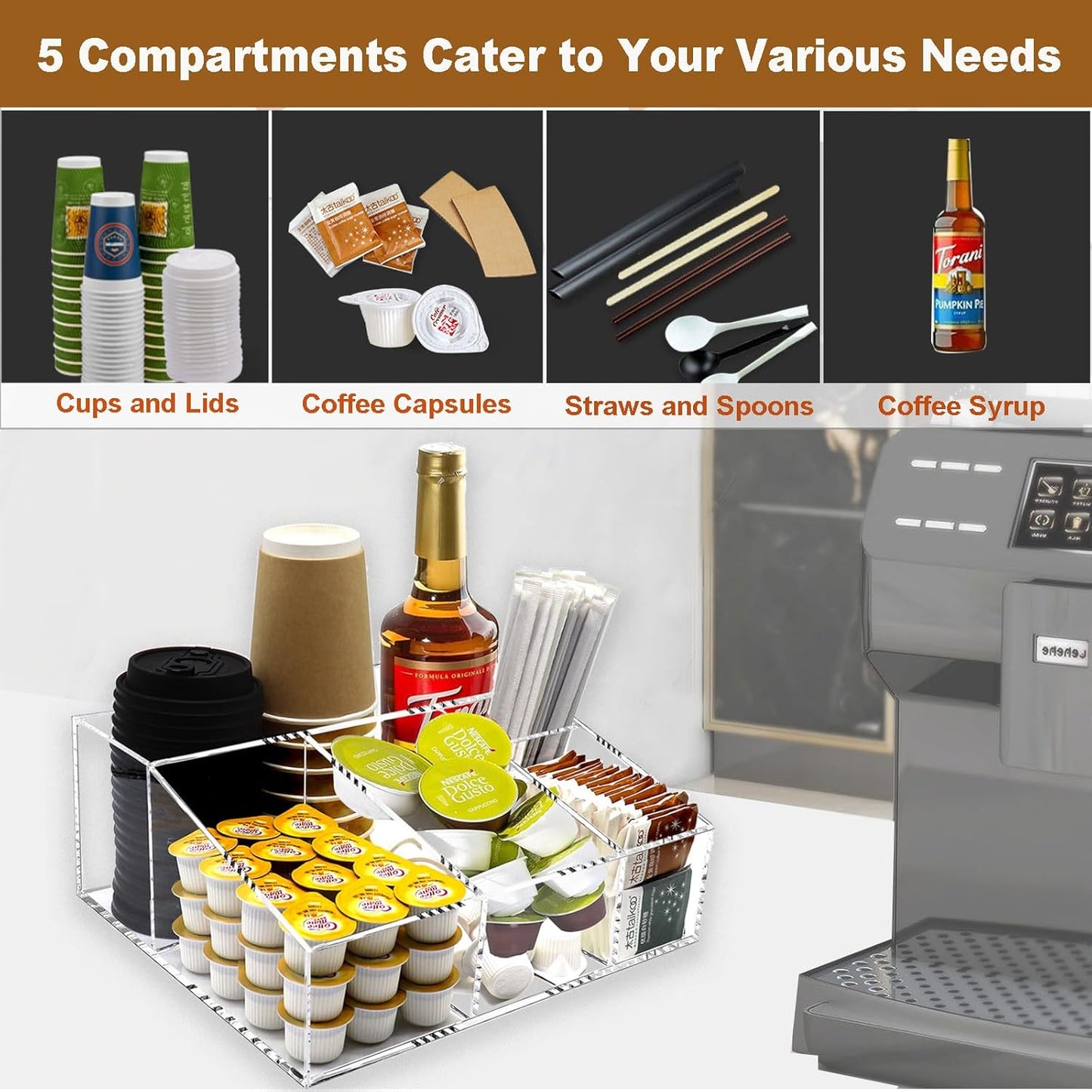 Tirifer Acrylic Coffee Bar Station Organizer for Countertop, Condiment Service Organizer Coffee Pods Storage Caddy Creamer Snack Tea Cup Supplies Holder for Home Office and Breakroom(Clear)