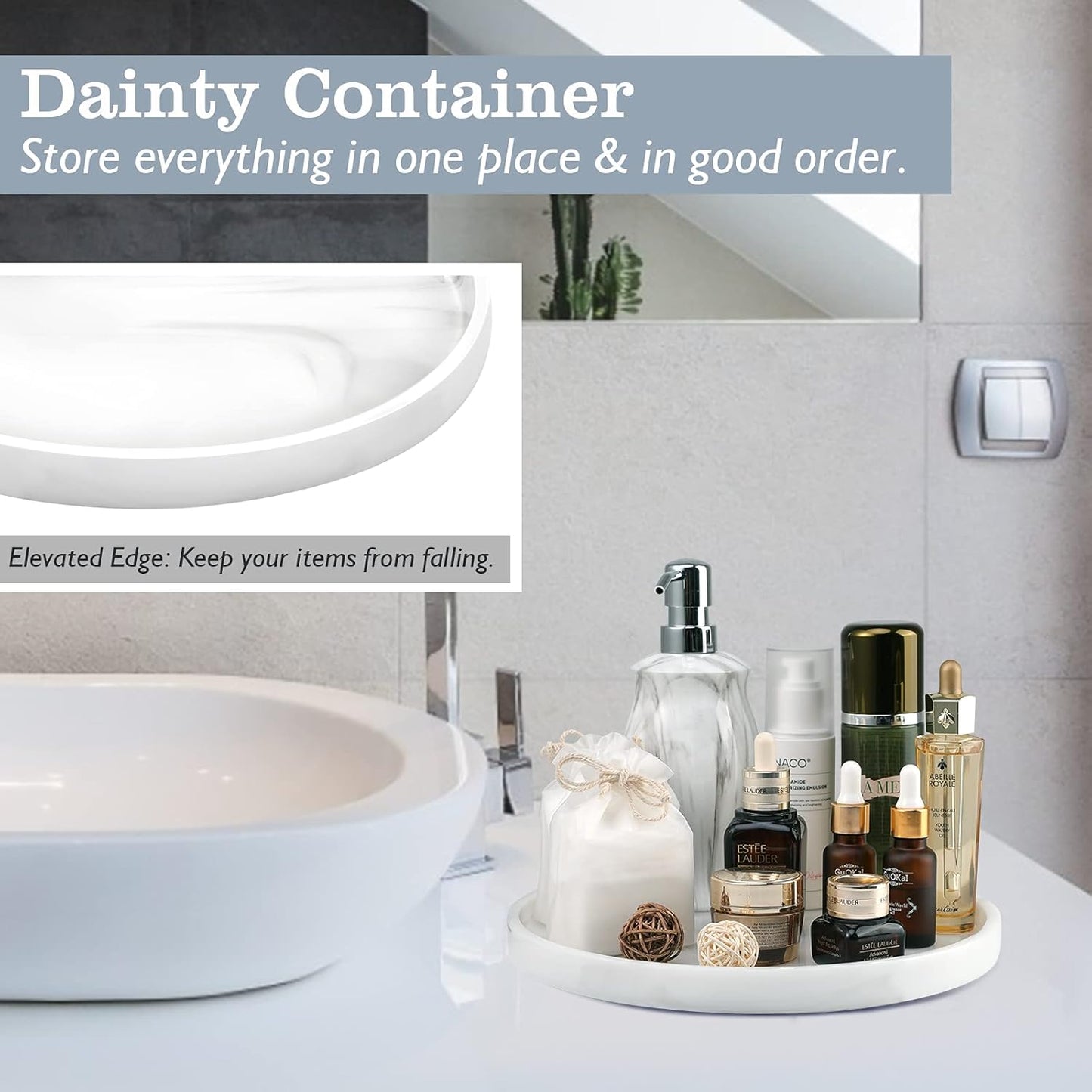 Emibele Vanity Tray, Resin Round Tray Decorative Storage Organizer for Bathroom Toilet Tank Bedroom Kitchen Countertop, Jewelry Storage Dresser Tray for Candle, Lotion Bottle, Cosmetics, Marble White