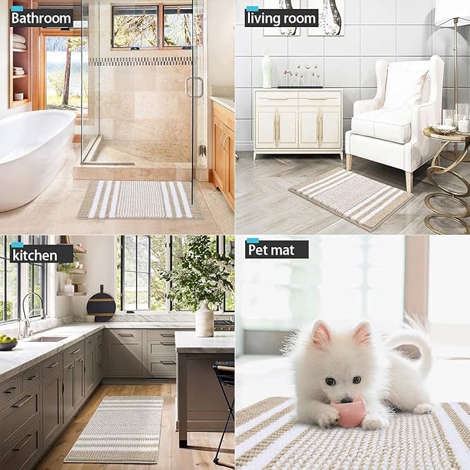 Tindbea Bathroom Rugs Set 2 Piece, Extra Soft and Absorbent Fluffy Striped Chenille Bath Mat Rug Set, Non Slip Bathroom Floor Mat, Machine Washable (20" x 32" Plus 20" x 32", Khaki)