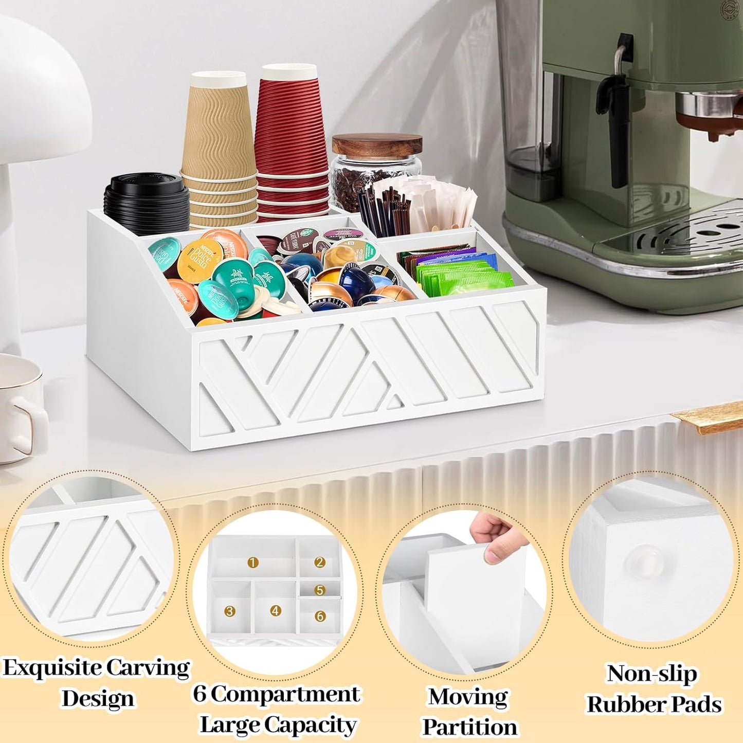 ugiftt Coffee Station Organizer for Counter, Wood Pods Holder Storage Basket, Tea Condiment Storage Organizer, Rustic Coffee Bar Decor for Accessories Organizer