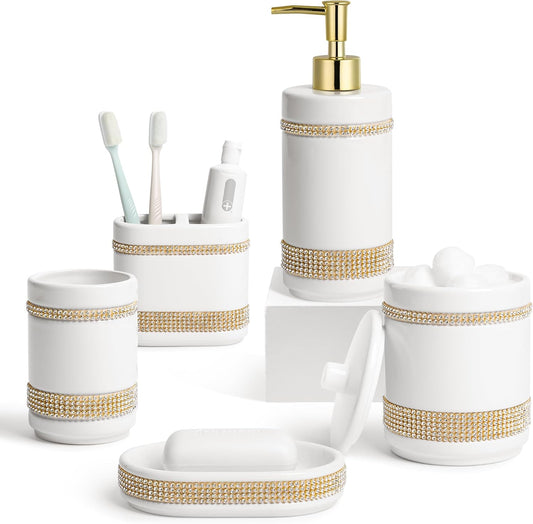Bathroom Accessories Set with Diamonds 5 Pieces Toothbrush Holder Soap Dispenser Ceramic Bathroom Accessory Set Contain Cotton Swab Jar Toothbrush Cup Soap Dish Tumbler