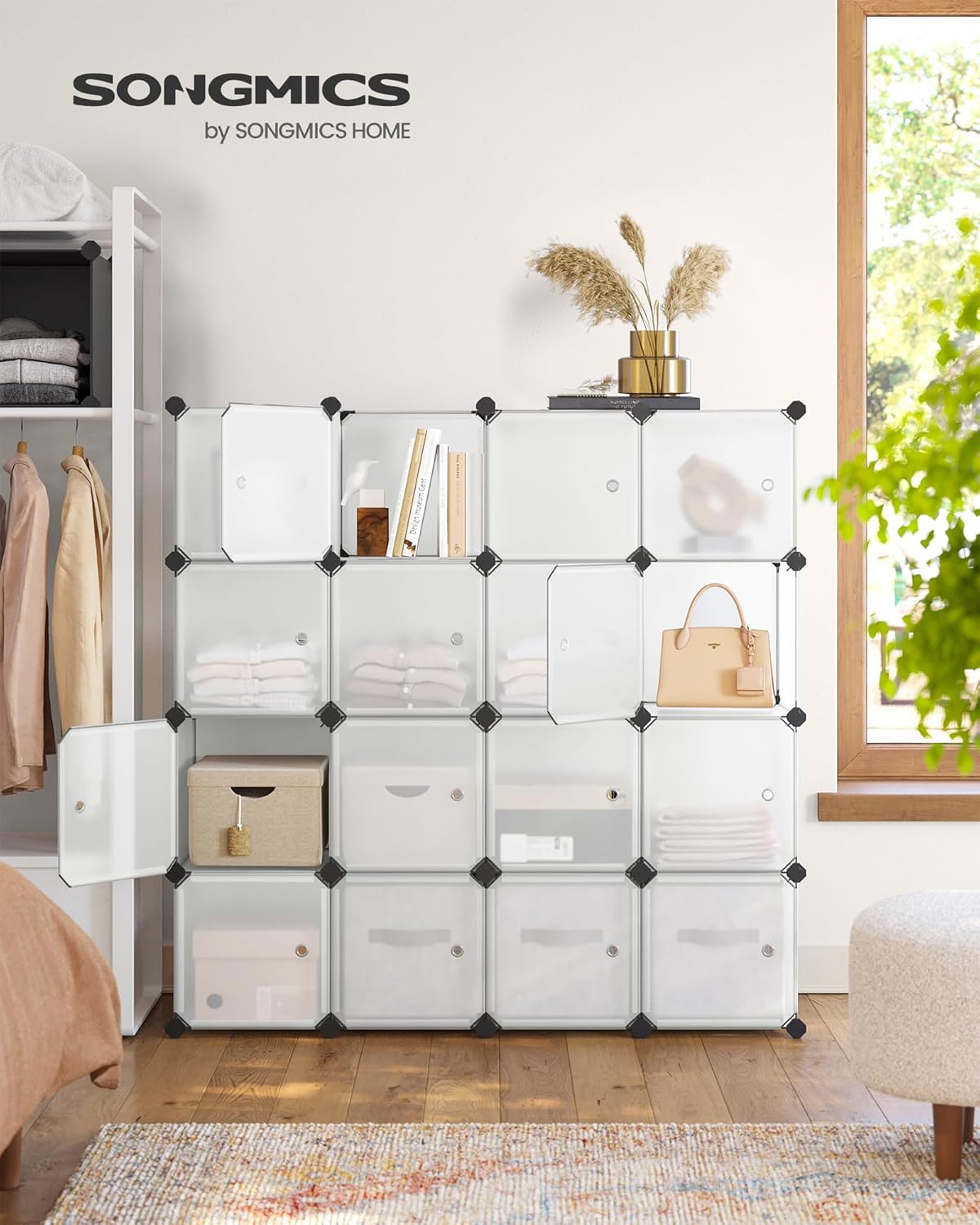 SONGMICS Cube Storage Organizer, Set of 16 Plastic Cubes, Closet Storage Shelves, DIY Plastic Closet Cabinet, Modular Bookcase, Shelving with Doors for Bedroom, Living Room, White ULPC44BSV1