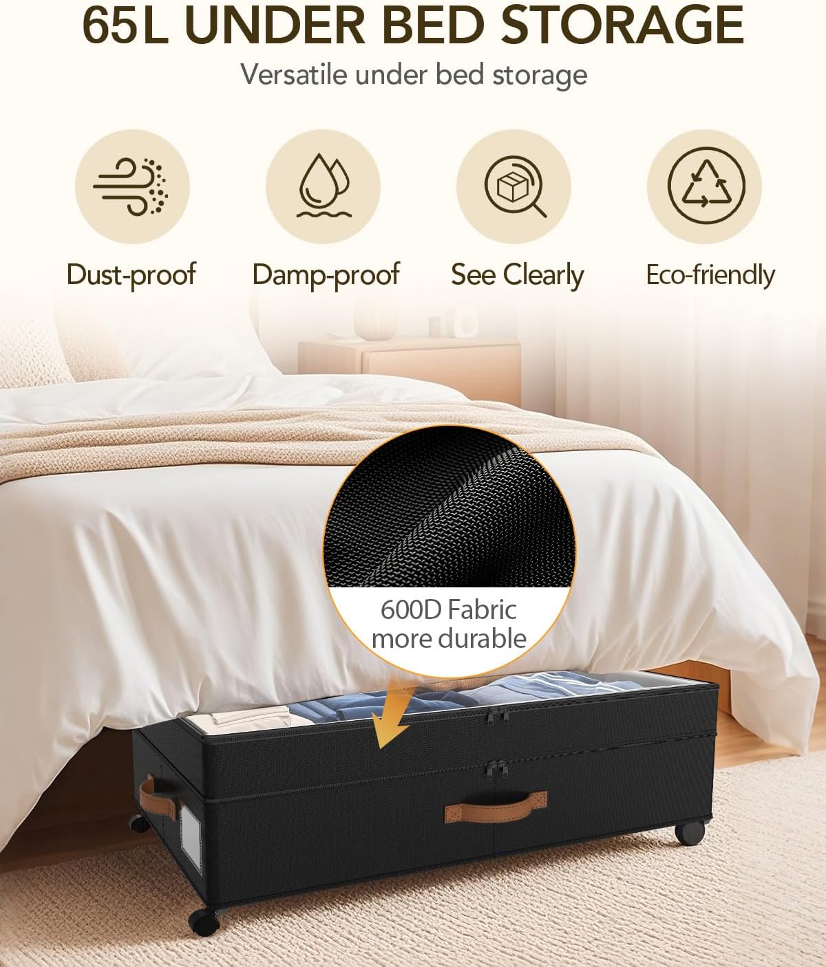 Under Bed Storage with Wheels, 10 inches Under the Bed Storage Containers Large, 65L XXL Adjustable Storage for Underbed with Lids, Rolling for Shoes, Clothes, Blankets, Black