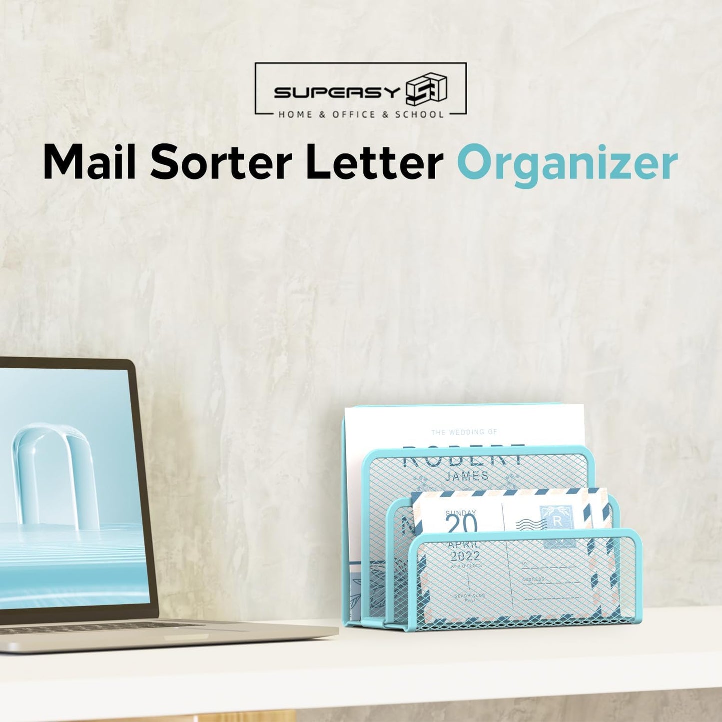 SUPEASY Mail Organizer for Desk, Mesh Metal Mail Holder Countertop with 3-Slot, Letter Sorter File Holder, Office Envelope Organizer for Mails (Blue)