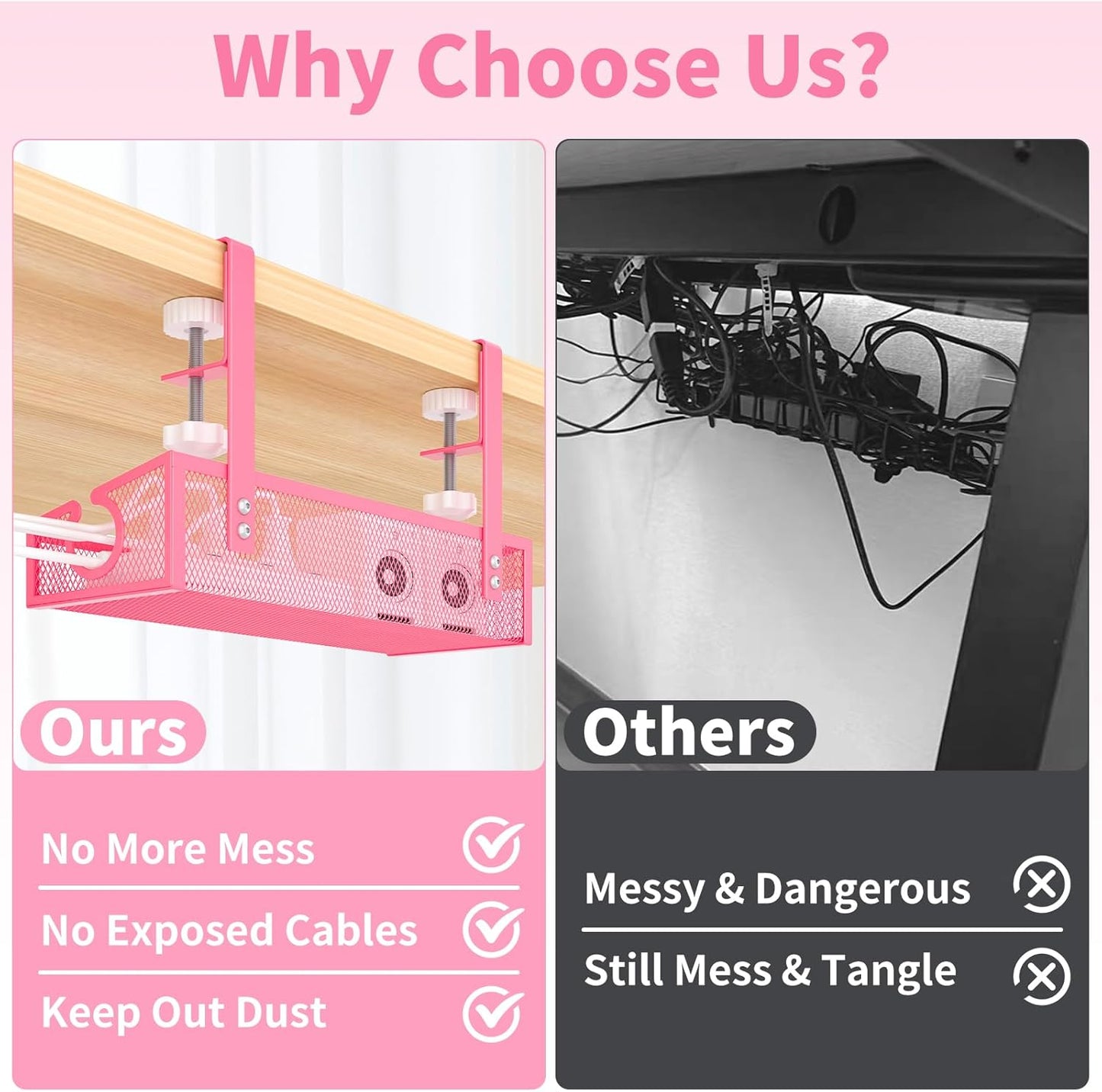 Under Desk Cable Management Tray Black, No Drill Desk Cable Wire Management Organizer with Clamp, PC Cord Organizer Accessories & Workspace for Office, Home（Pink）