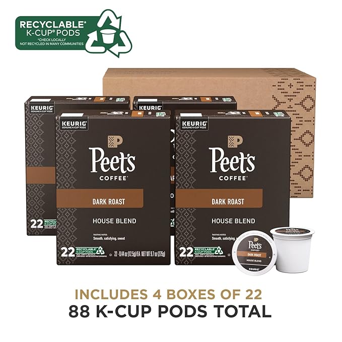 Peet's Coffee, Dark Roast Keurig K-Cup Pods - House Blend 88 Count (4 Boxes of 22 Pods)