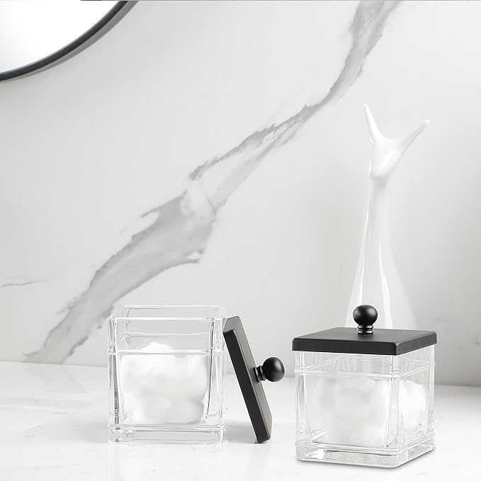 Glass Cotton Jar Holder 2 Pack– Matte Black Lid, Elegant Bathroom Storage Canister for Qtips, Cotton Balls, Floss, Makeup Organizer, Vanity & Bathroom Organization