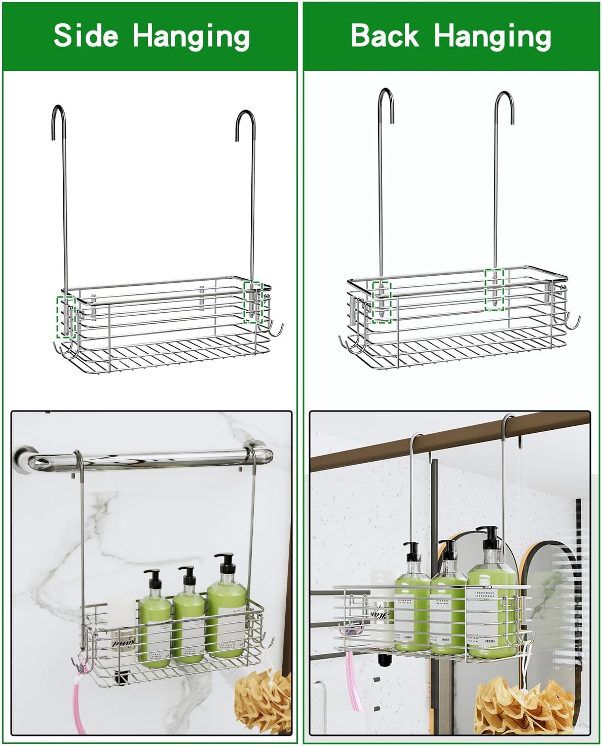 Over Door Shower Caddy, Stainless Steel Bathroom Organizer with Rotating Hooks, Hanging Storage Basket for Shampoo