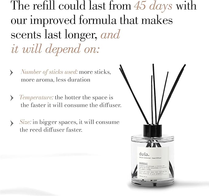 Duša Grapefruit Reed Diffuser & Sticks - 5 Fl Oz Essential Home Fragrance for Bathroom, Office & Living Spaces – Stylish & Long-Lasting Room Air Freshener - Ideal for Housewarming & Special Occasions