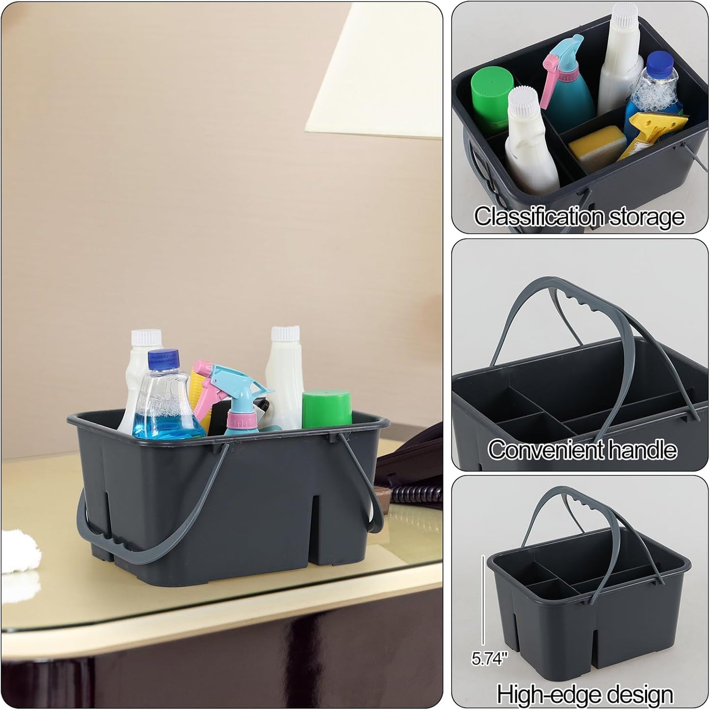 Plastic Cleaning Caddy Organizer with Handle, Carry Caddy for Cleanig Supplies, Deep Grey