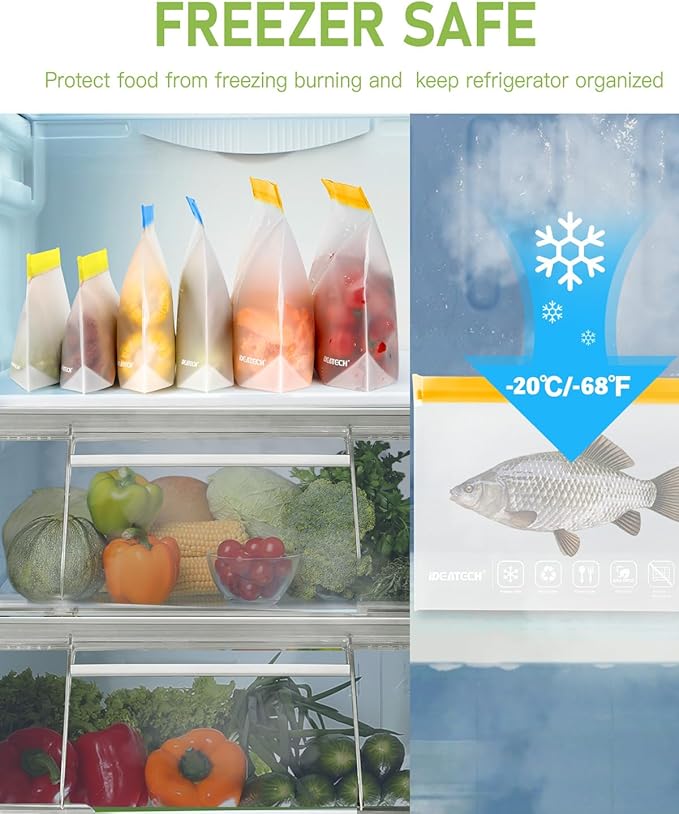 IDEATECH Quart Freezer Bags, BPA Free PEVA Reusable Sandwich Snack Bags, Quart Size Food Baggies Containers for Travel, Lunch, Healthy Food (10Pack-10Quart, Colored)