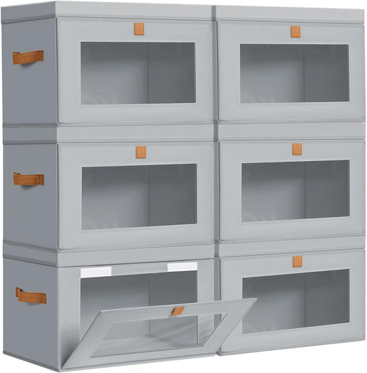 DIMJ Storage Bins with Lids - 6 Pack Large Fabric Closet Organizer with Window & Handles, Collapsible Decorative Storage Boxes for Shelves Under Bed, Books Clothes Blankets Sweaters Organization