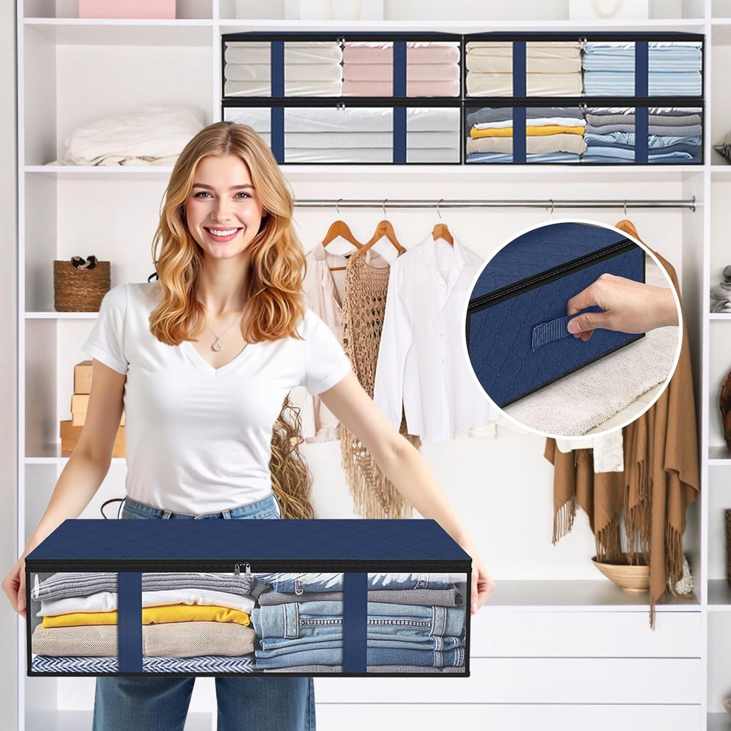 StorageRight Under Bed Storage Bins, 6-Pack 40L Foldable Fabric Storage Bags with Transparent Window, Breathable Organizer for Clothes/Blanket/Comforter/Quilt, Blue