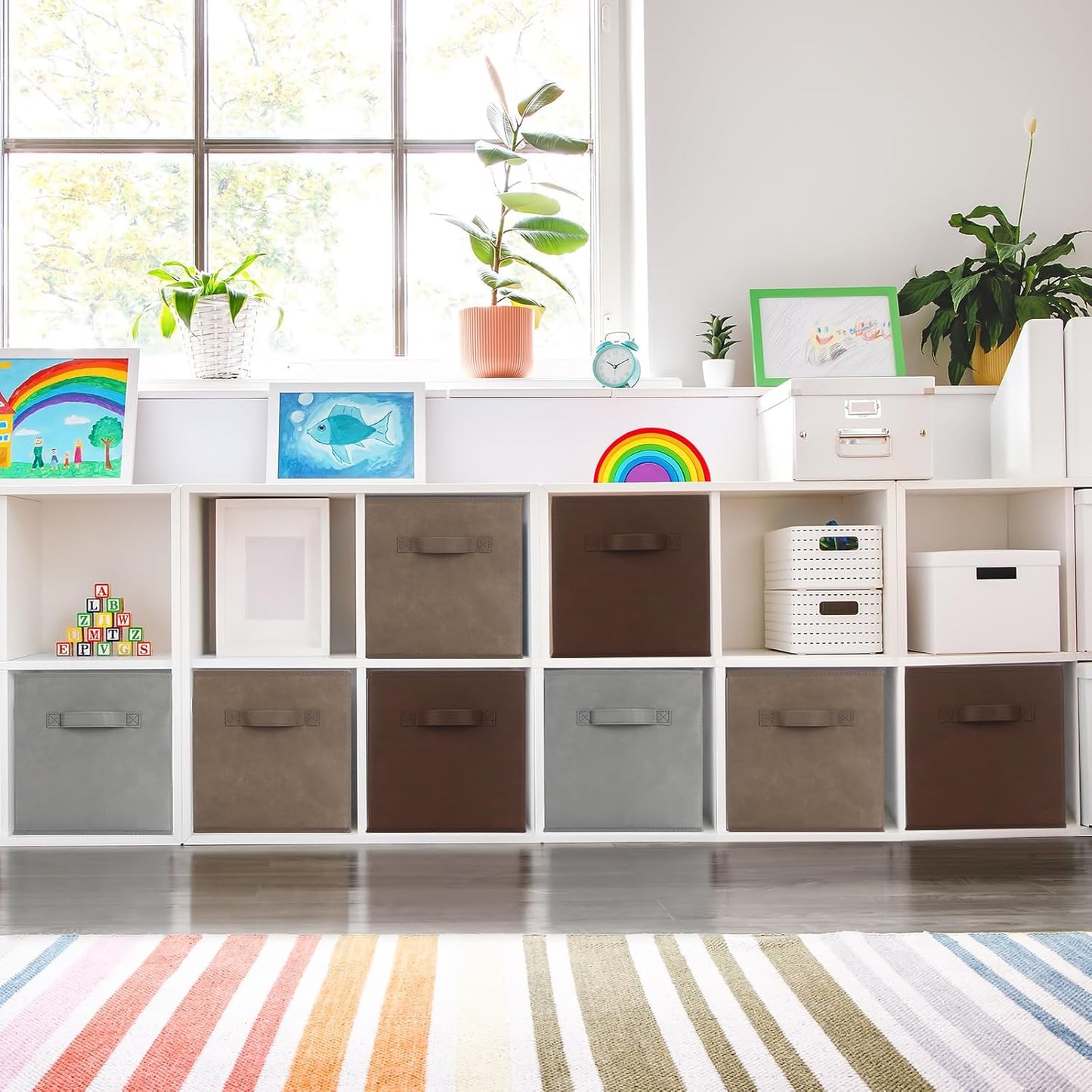 Karenhi 11" x 10. 5" x 10. 5" Brown Gray Storage Cube, 6 Pack Fabric Cube Storage Bins Organizer Box, Collapsible Baskets with Handles Foldable Shelf for Cloth Toys Home Room Closet, Pack of 6