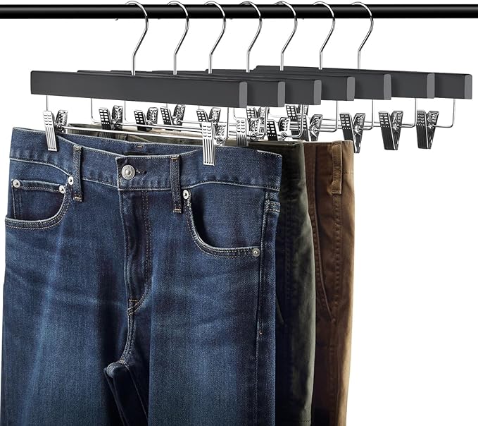 AMKUFO 20pcs Wooden Pants Hangers Solid Pants Hangers with Adjustable Clips 14 Inch Black Wood Skirt Hangers Trousers Bottom Hangers with Non-Slip Clips and 360° Swivel Hook