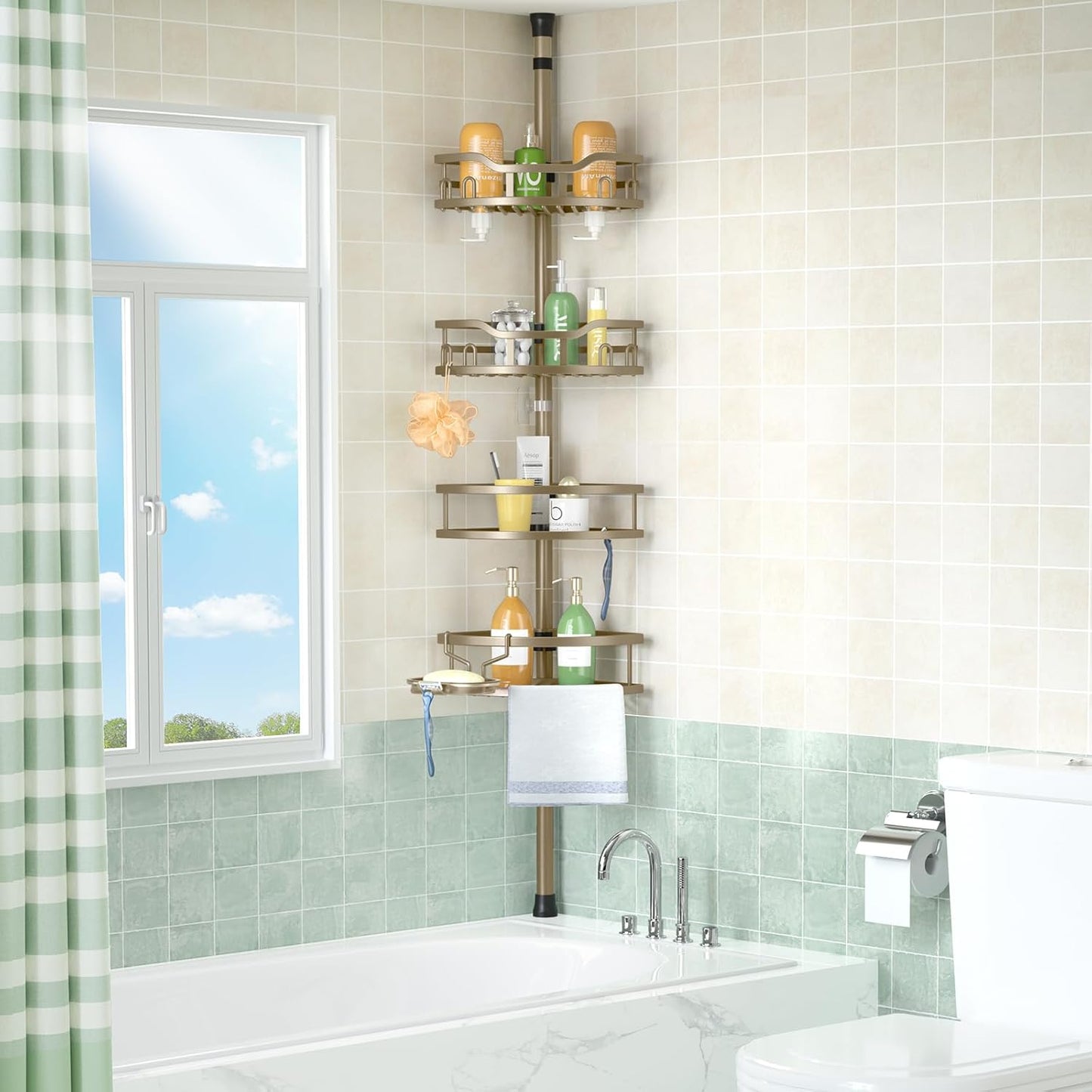 HAMITOR Corner Shower Caddy Tension Pole: Rustproof 4-Tier Bathroom Organizer Shelves for Bathtub Shampoo Storage - 47-121 Inch Quick Install Adjustable Rod Standing Rack with Soap Rack - Matte Gold