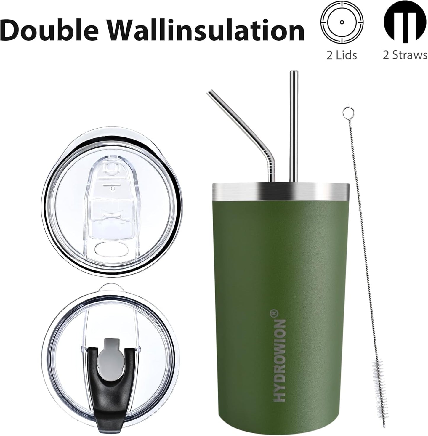 HYDROWION Triple-Insulated Tumblers - Stainless Steel with Lid and Straw, 12 oz Water Bottle, Stainless Steel Cups, Coffee Travel Mug for Home & Office Olive Green