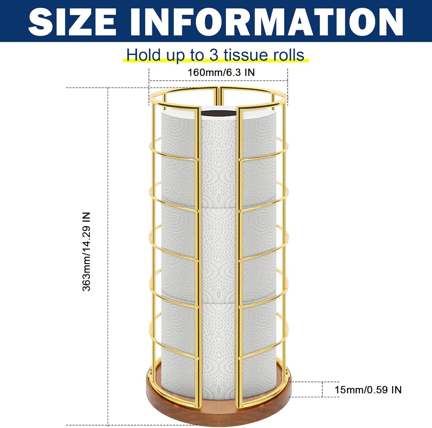 NearMoon Toilet Paper Organizer Stand, Freestanding 3 Rolls Tissue Storage, Metal Bathroom Accessory, Rustproof Toilet Roll Holder for Kitchen Countertop Inside Cabinet Shelf(Wooden Base, Gold)