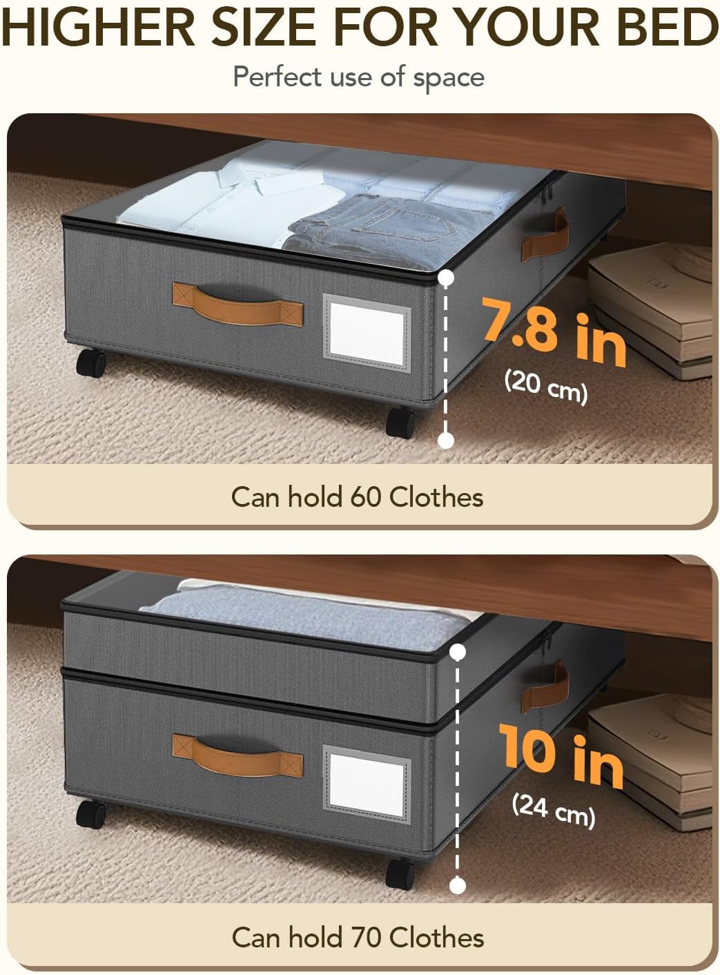 Under Bed Storage with Wheels, 10 inches Under the Bed Storage Containers Large, 65L XXL Adjustable Storage for Underbed with Lids, Rolling for Shoes, Clothes, Blankets, Grey
