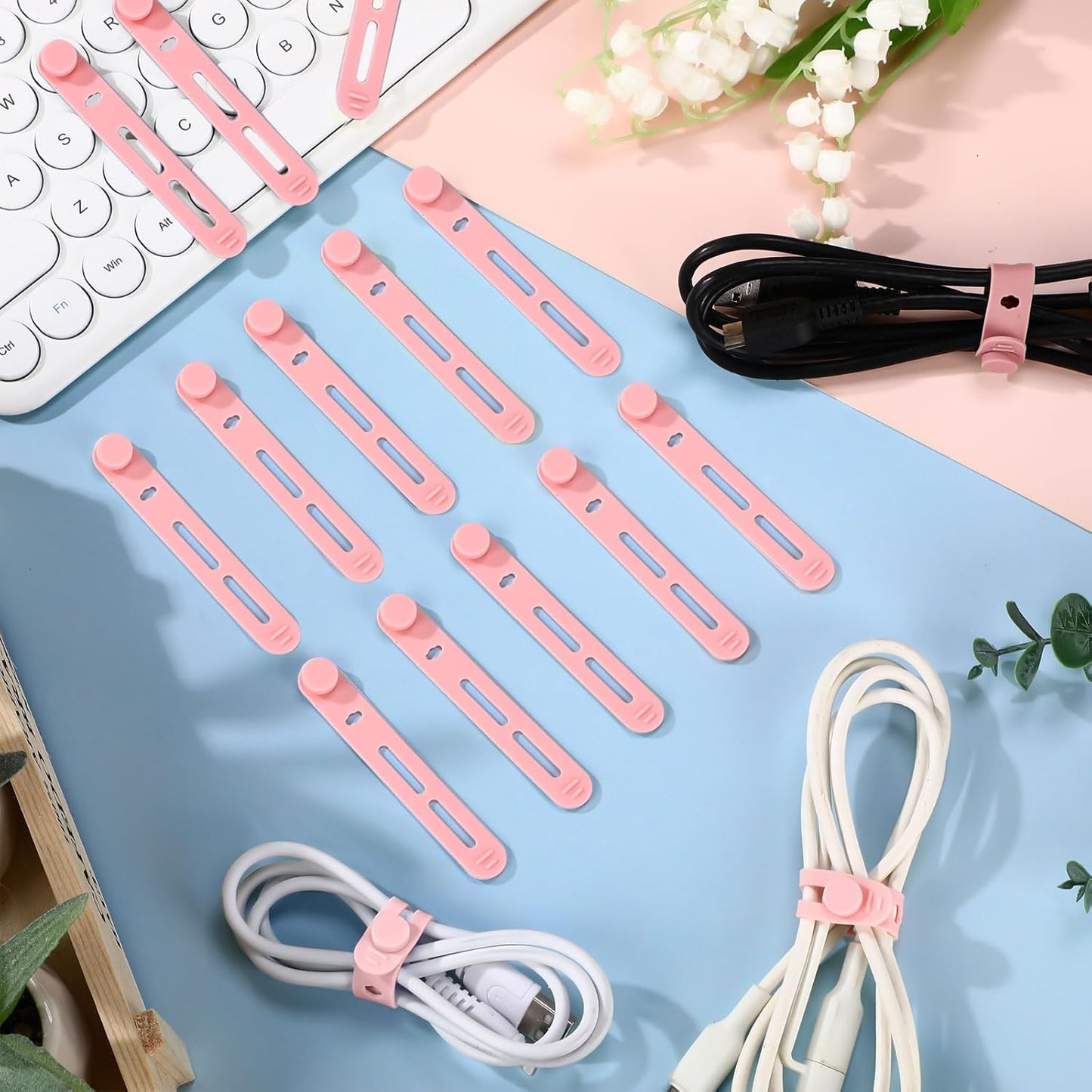 42 Pcs Silicone Cable Ties Reusable Cord Straps Multipurpose Elastic Cable Organizer for Bundling Fastening Earphone Phone Charger Home Office School (Pink,3.15 Inch)