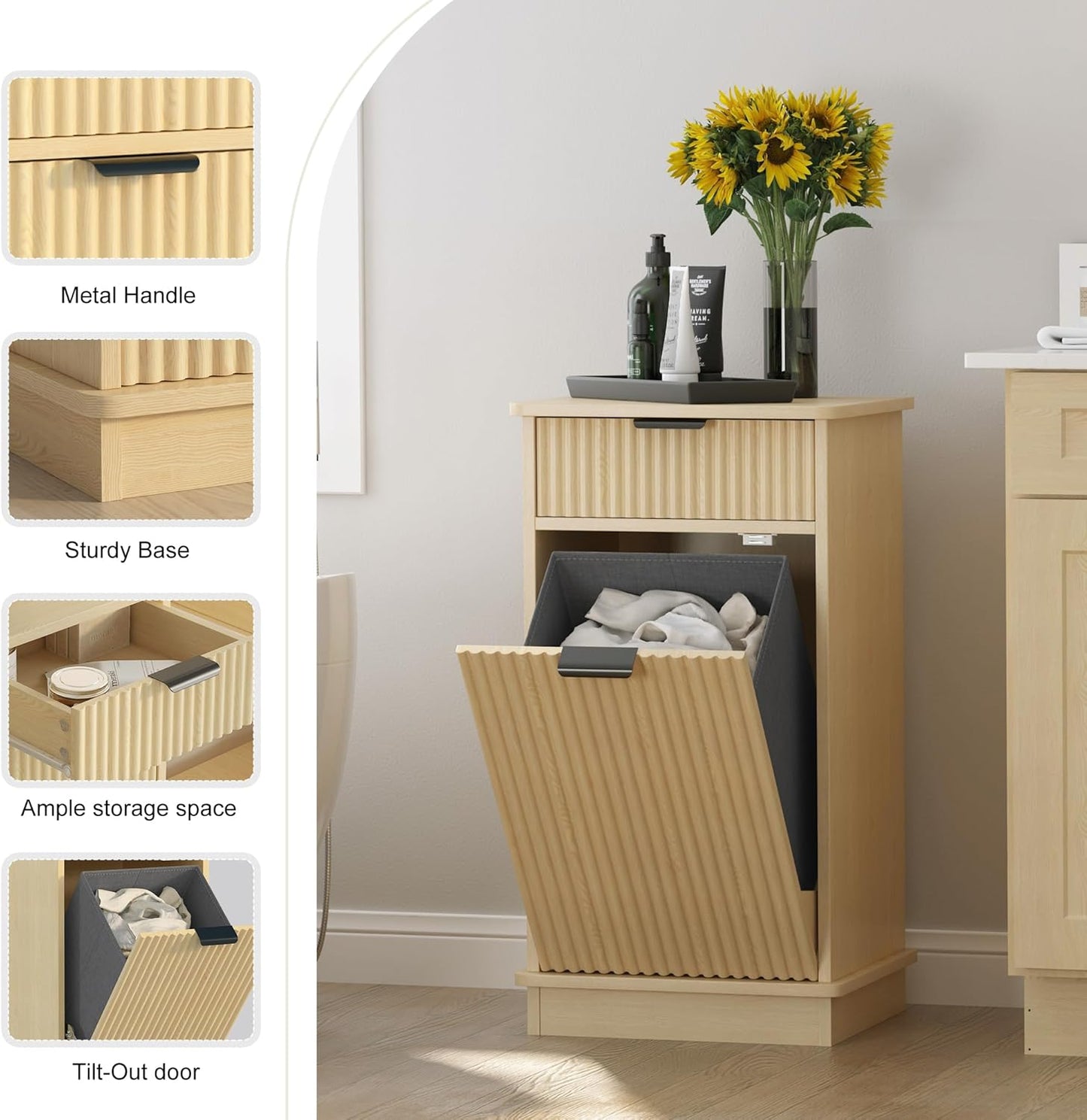 Natural Tilt Out Laundry Hamper Cabinet Hidden Laundry Hamper Cabinet with Drawers and Baskets for Bathroom Hamper with Storage for Kitchen Bedroom，16x16x30in