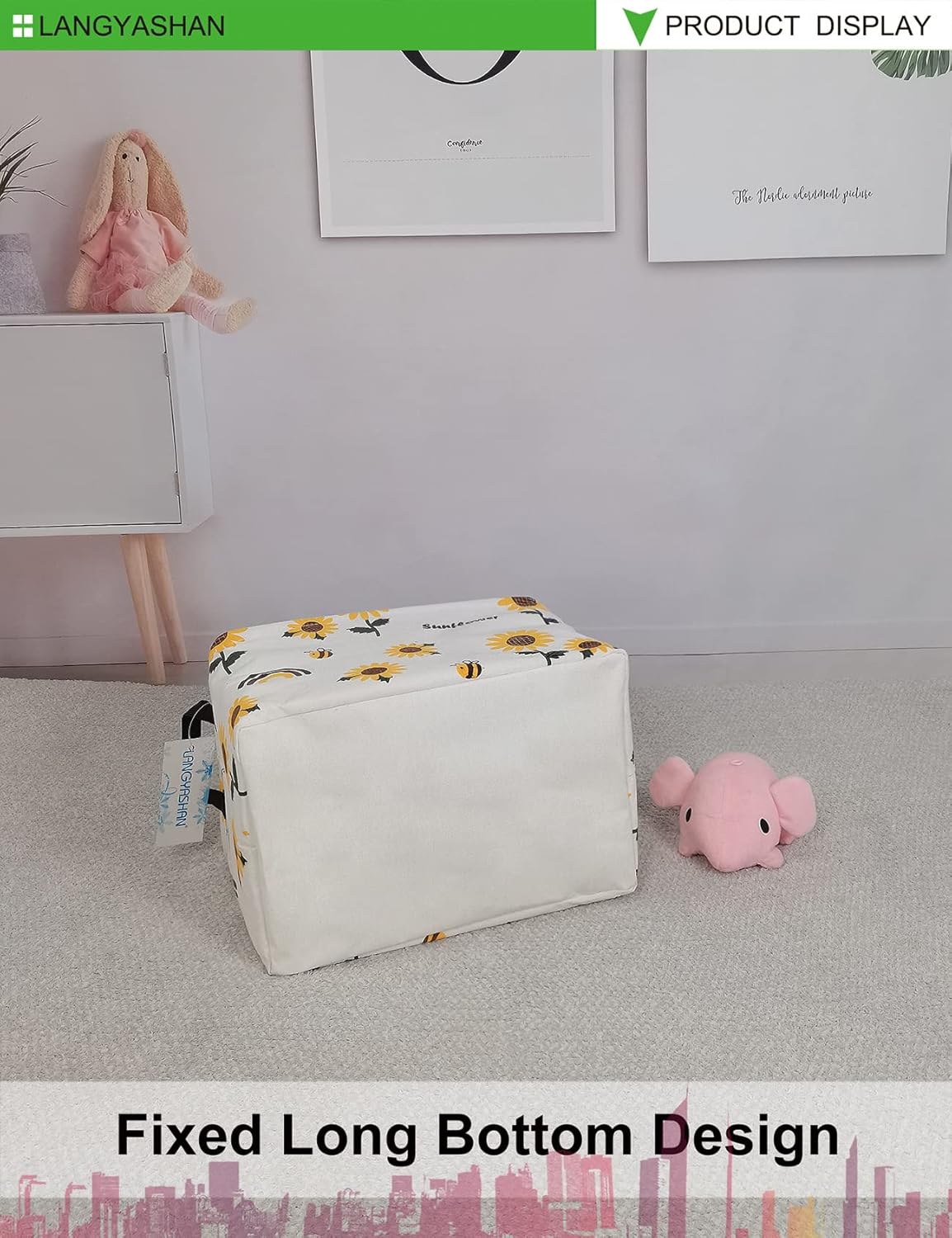 LANGYASHAN Rectangular Storage Bin Collapse Canvas Fabric Cartoon Storage Basket with Handles for Organizing Home Kitchen Boys and Girls Toys Office Closet Shelf Baskets(Rec Sunflower)